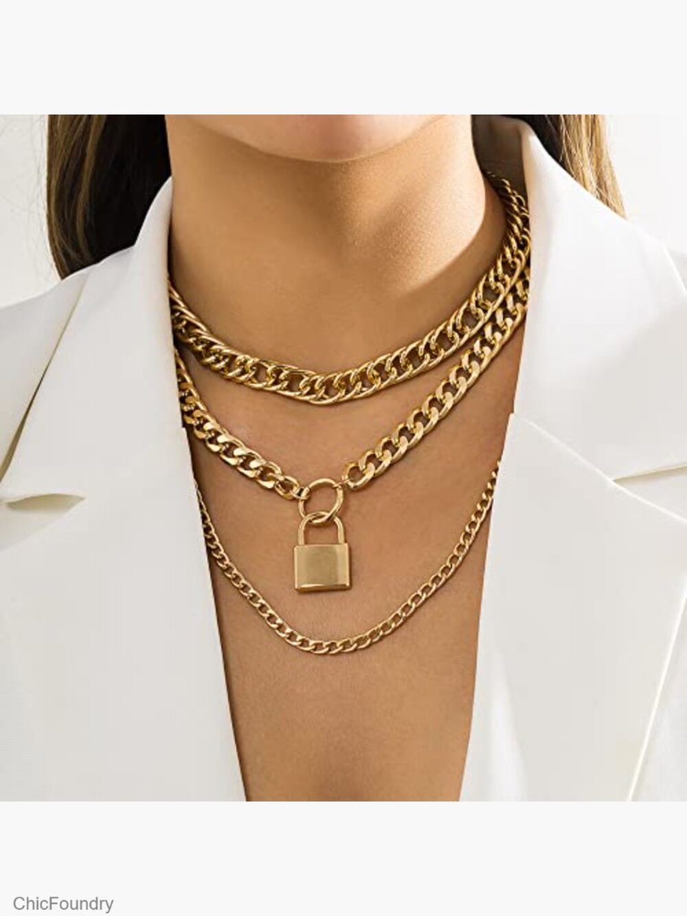 Layered Cuban Chain Choker Necklace Set with Lock Pendant - Picture 2 of 7